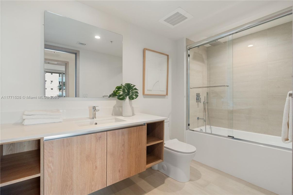 Bathroom, Glass Shower, Interior, Recessed Lighting, Wood Texture Flooring