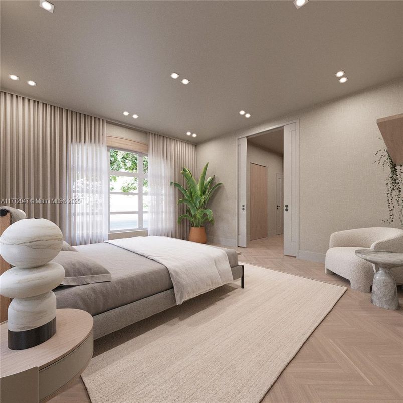Bedroom, Interior, Recessed Lighting, Wood Texture Flooring
