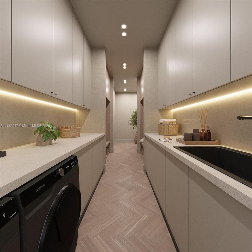Interior, Recessed Lighting, Washer, Wood Texture Flooring