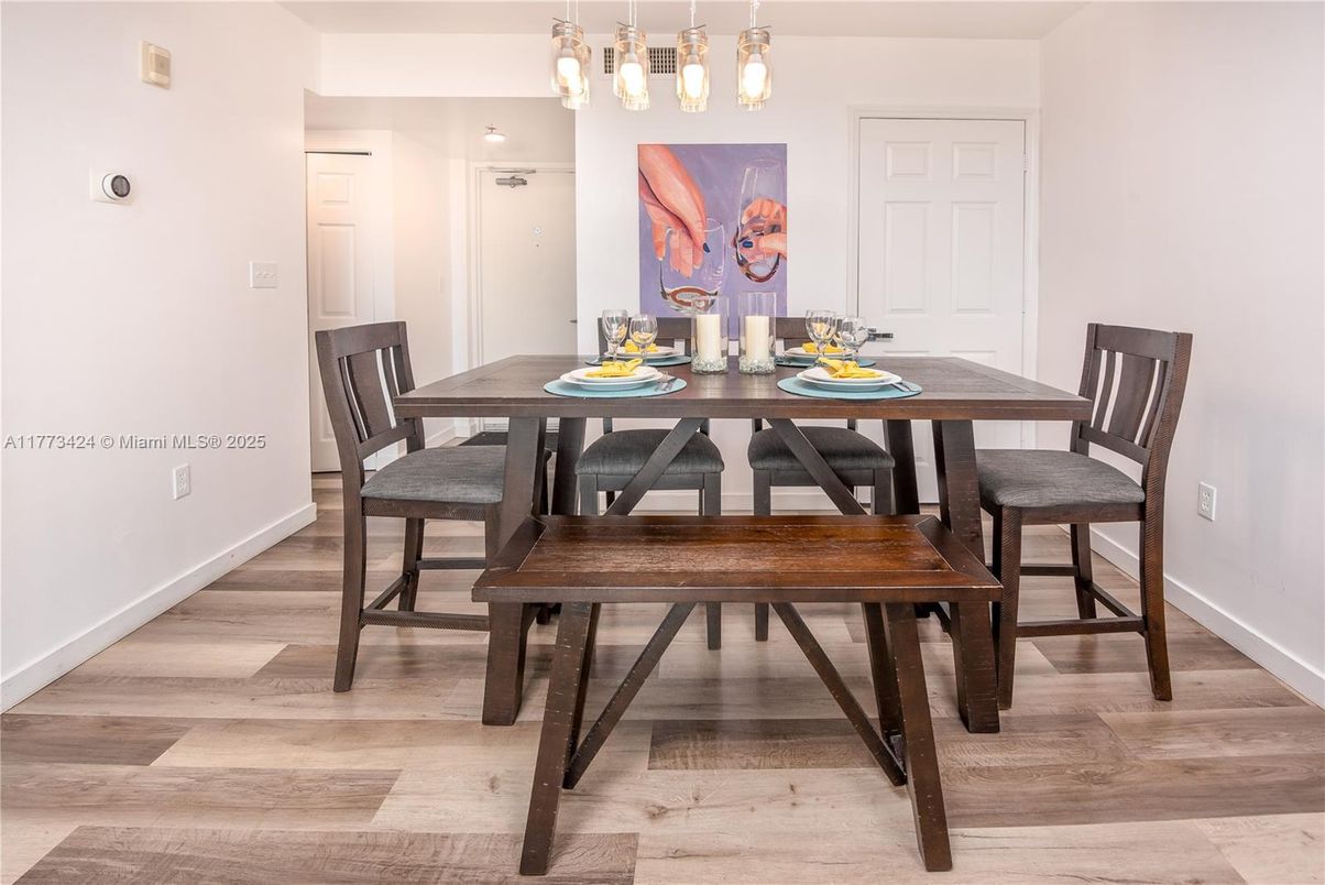 Dining room, Interior, Pendant Lights, Wood Texture Flooring