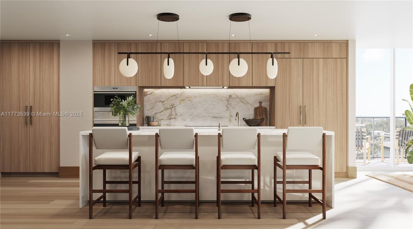 Interior, Kitchen, Marble Walls, Pendant Lights, Recessed Lighting, Wood Texture Flooring