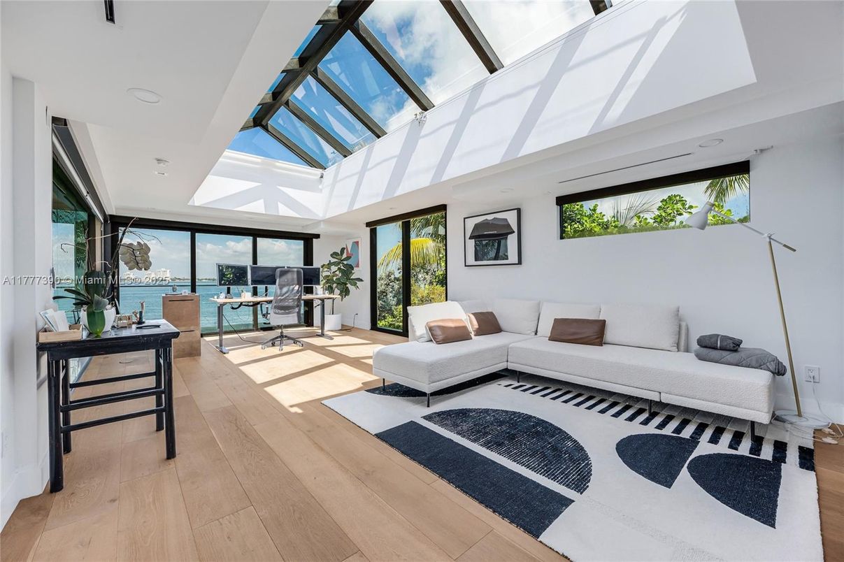 Glass Ceilings, Interior, Living room, Recessed Lighting, Sun Room, Water, Wood Texture Flooring