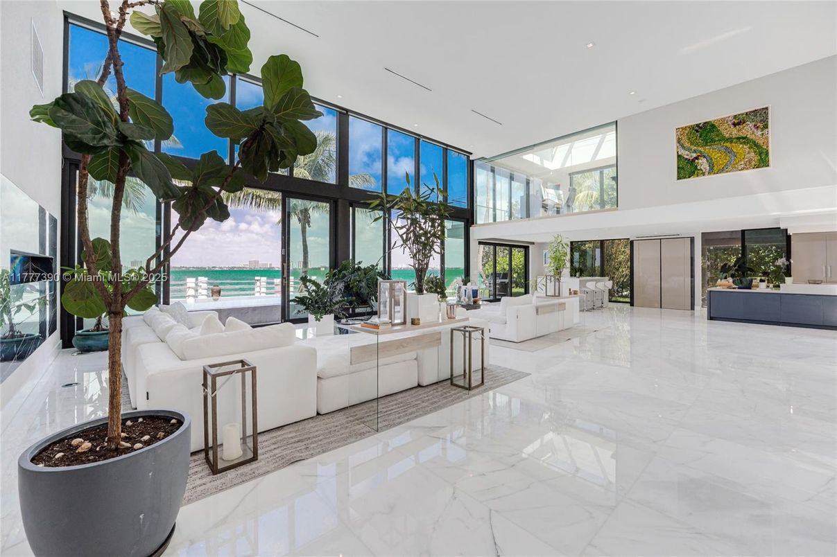 Fireplace, Interior, Living room, Marble, Recessed Lighting, Water