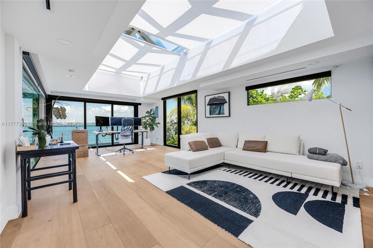 Glass Ceilings, Home Office, Interior, Living room, Recessed Lighting, Sun Room, Water, Wood Texture Flooring