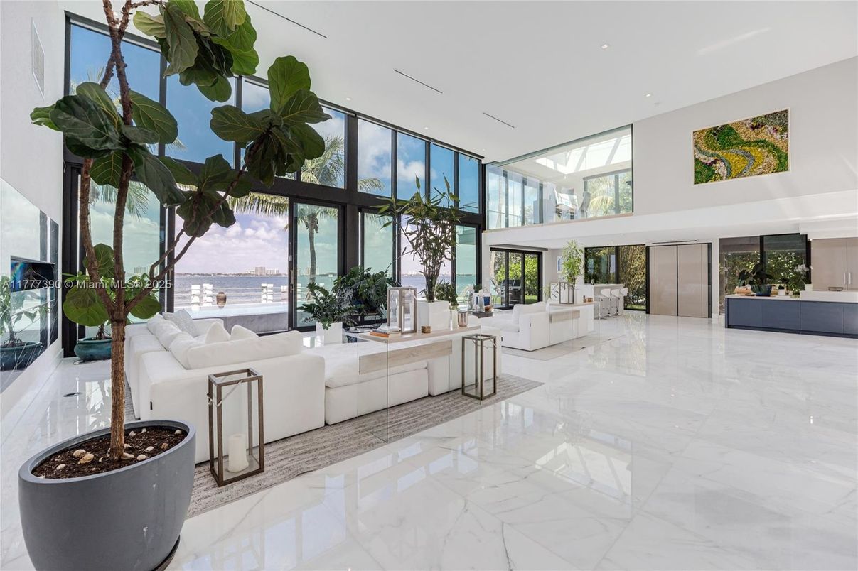 Fireplace, Interior, Living room, Marble, Recessed Lighting, Water