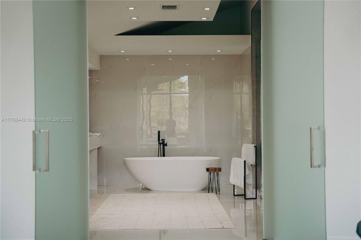 Bathroom, Free Standing Baths, Glass Shower, Interior, Recessed Lighting