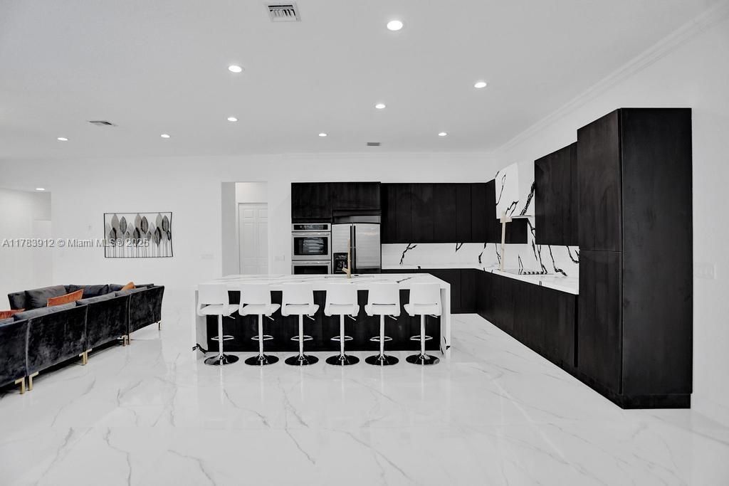 Interior, Kitchen, Living room, Marble, Recessed Lighting, Stainless Steel Appliances