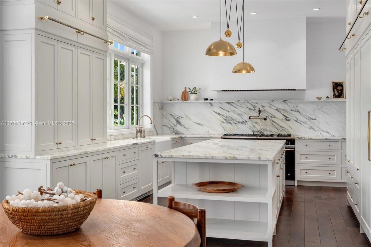 Interior, Kitchen, Marble Walls, Pendant Lights, Recessed Lighting, Wood Texture Flooring
