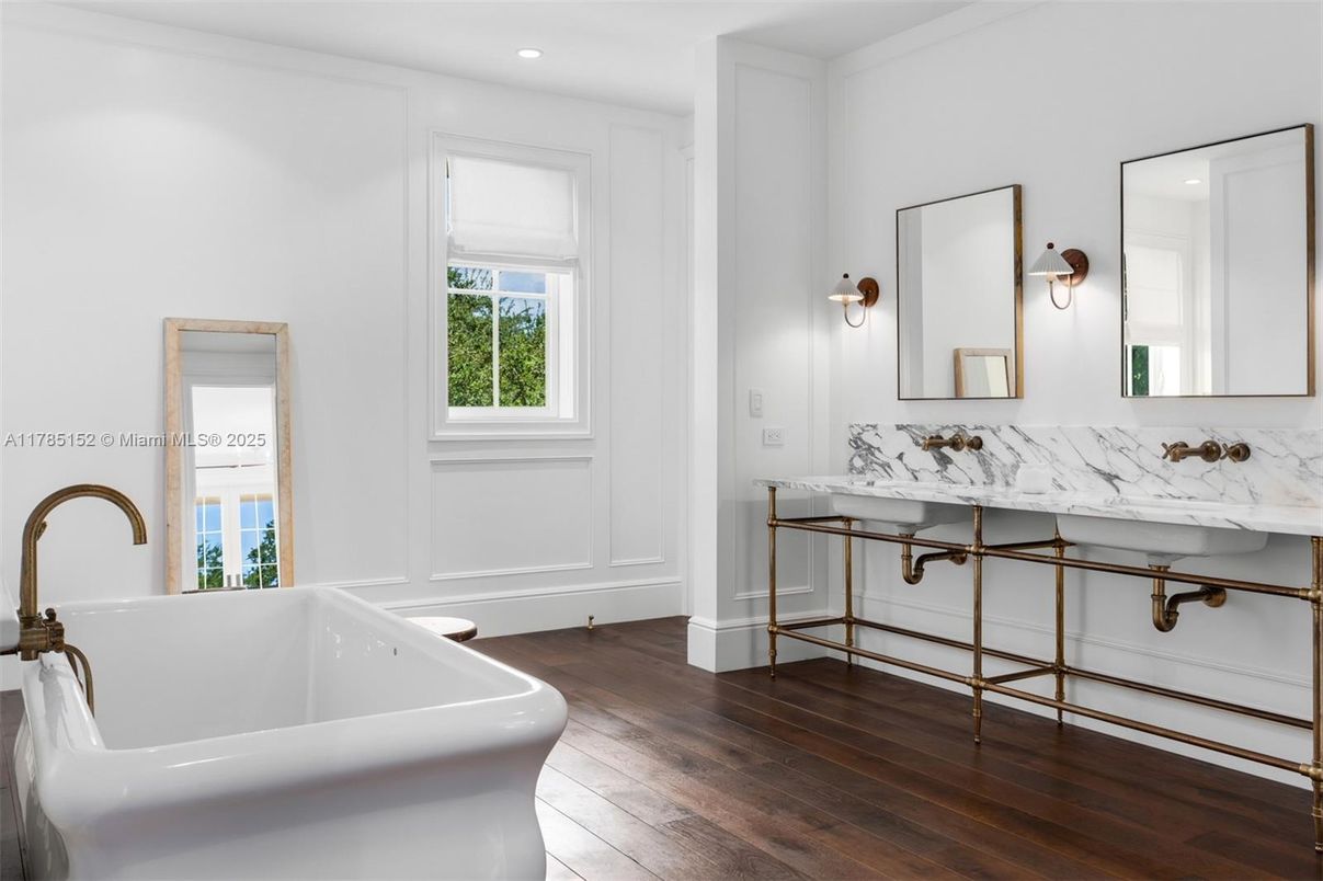 Bathroom, Free Standing Baths, Interior, Marble Walls, Recessed Lighting, Wood Texture Flooring