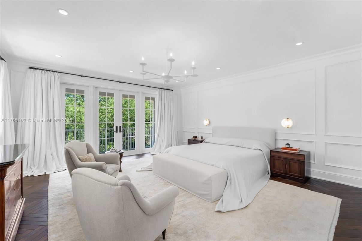 Bedroom, Chandelier, Interior, Recessed Lighting, Wood Texture Flooring