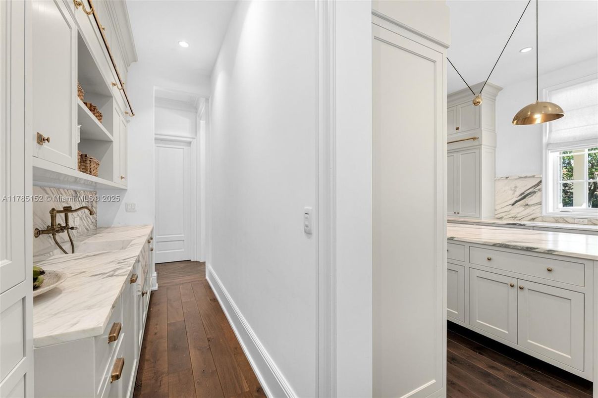 Interior, Marble Walls, Pendant Lights, Recessed Lighting, Wood Texture Flooring