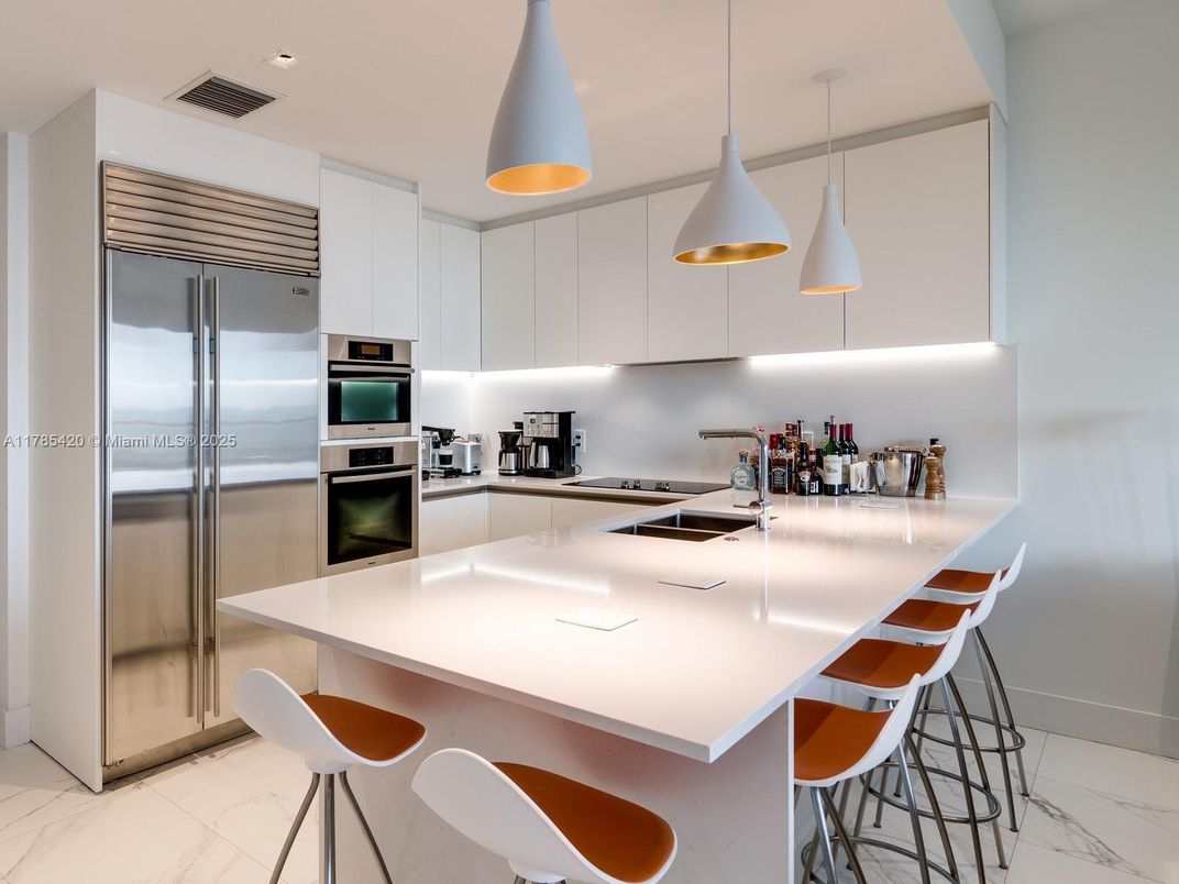 Interior, Kitchen, Marble, Pendant Lights, Recessed Lighting, Stainless Steel Appliances