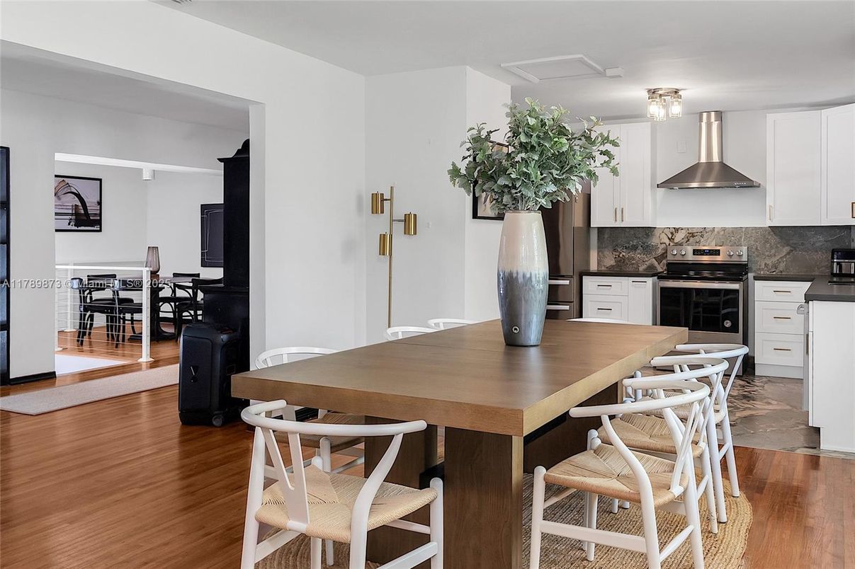 Dining room, Interior, Kitchen, Stainless Steel Appliances, Wood Texture Flooring
