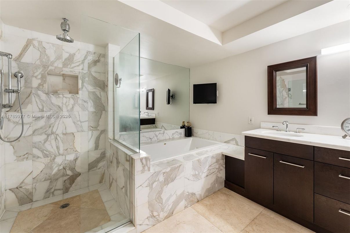 Bathroom, Dual Sink Vanities, Glass Shower, Interior, Marble Walls