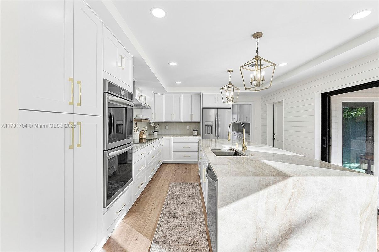 Interior, Kitchen, Pendant Lights, Recessed Lighting, Stainless Steel Appliances, Wood Texture Flooring