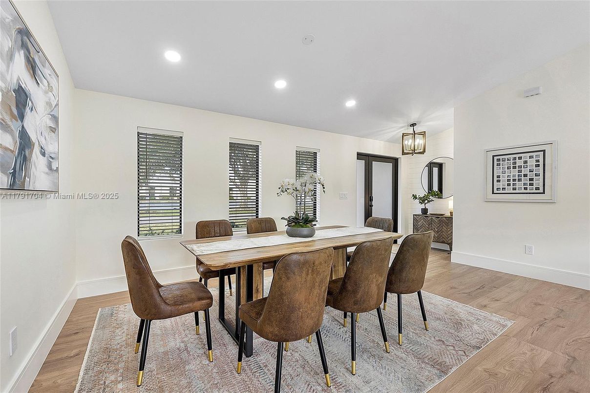 Dining room, Interior, Recessed Lighting, Wood Texture Flooring