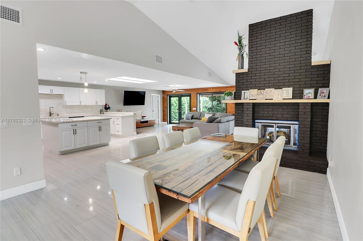 Dining room, Fireplace, Interior, Kitchen, Living room, Pendant Lights, Recessed Lighting, Stone Walls