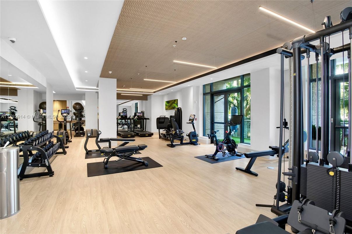 Fitness Equipment, Gym, Interior, Recessed Lighting, Wood Texture Flooring