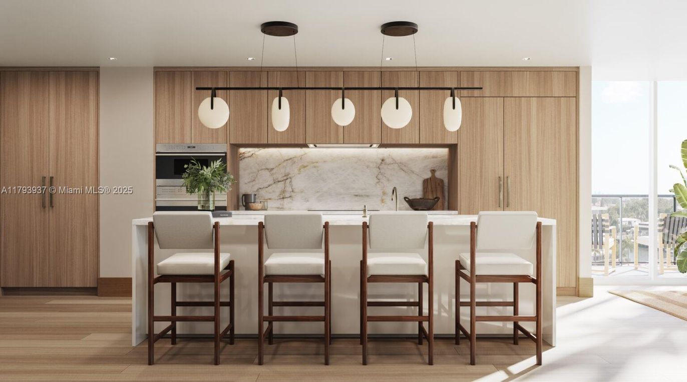 Interior, Kitchen, Marble Walls, Pendant Lights, Recessed Lighting, Wood Texture Flooring