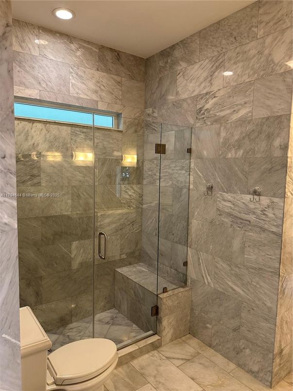 Bathroom, Glass Shower, Interior, Marble Walls, Recessed Lighting