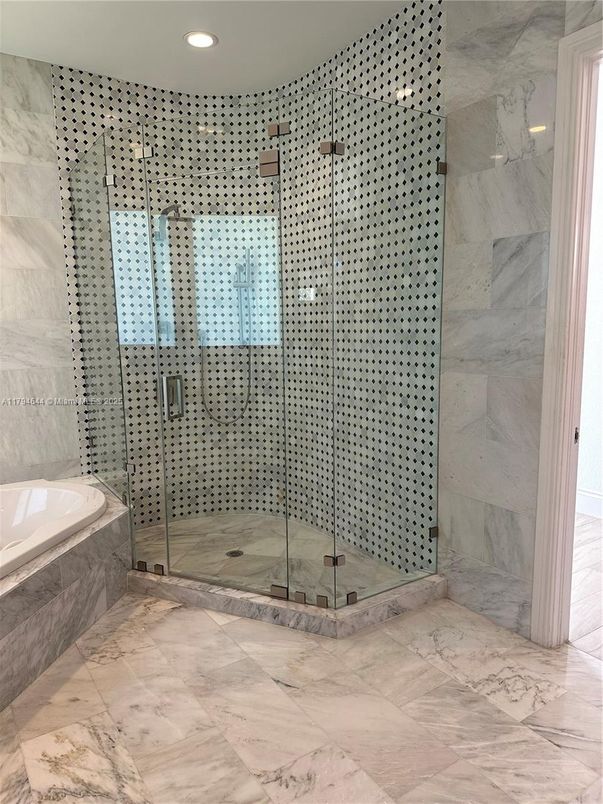 Bathroom, Glass Shower, Interior, Marble, Marble Walls, Recessed Lighting