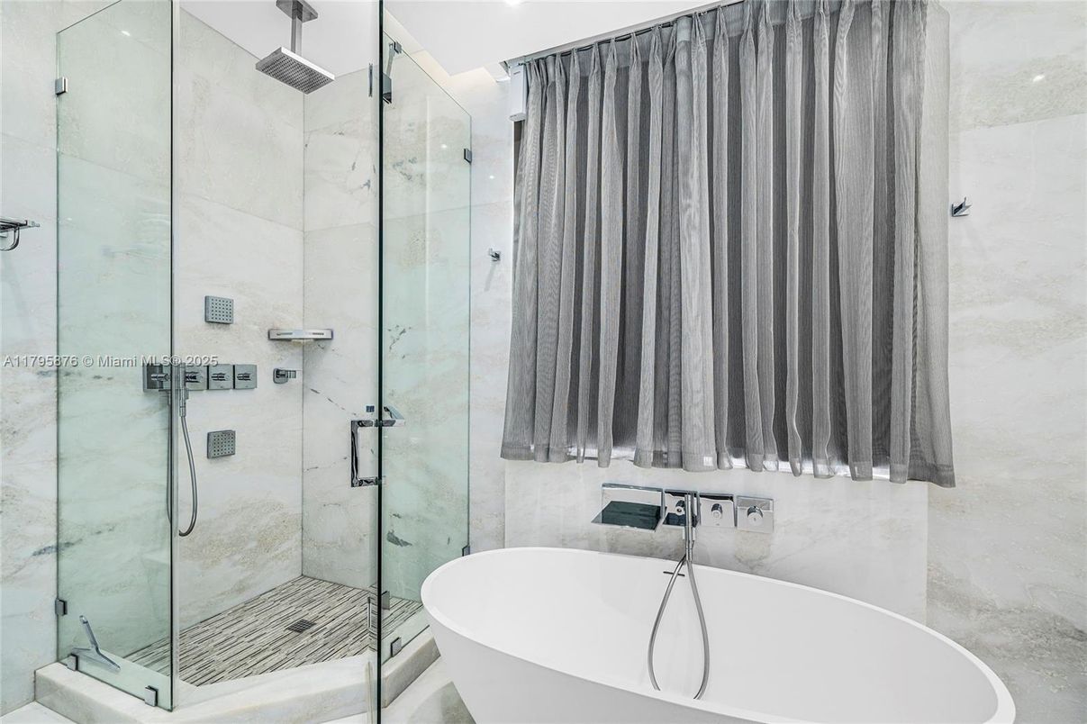 Bathroom, Free Standing Baths, Glass Shower, Interior, Marble Walls, Recessed Lighting