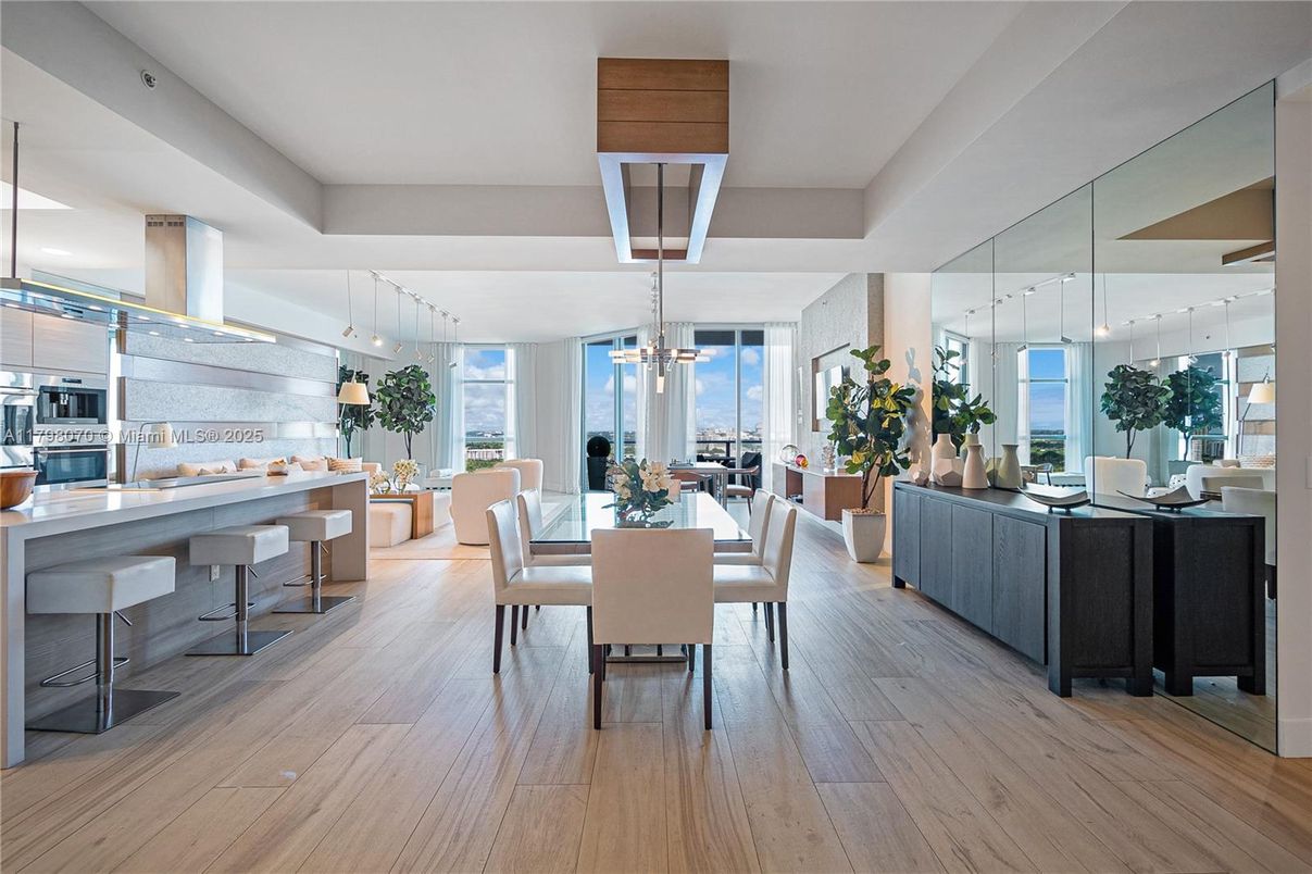 Dining room, Interior, Pendant Lights, Wood Texture Flooring