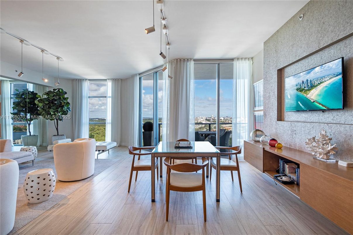 Dining room, Interior, Living room, Pendant Lights, Water, Wood Texture Flooring