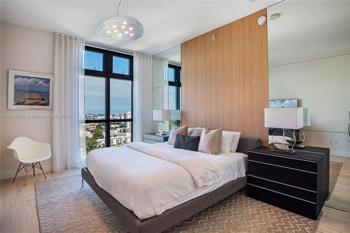Bedroom, Interior, Pendant Lights, Wood Texture Flooring, Wooden Walls