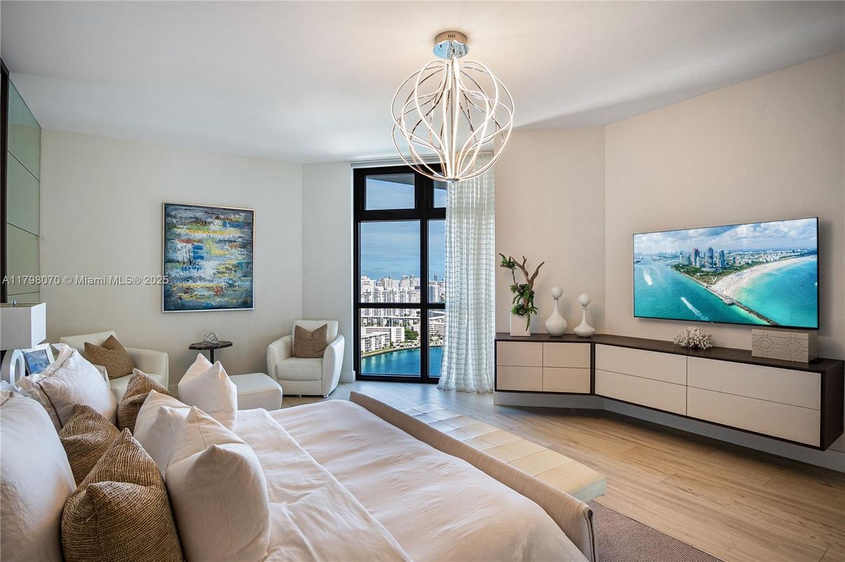 Bedroom, Chandelier, Interior, Wood Texture Flooring
