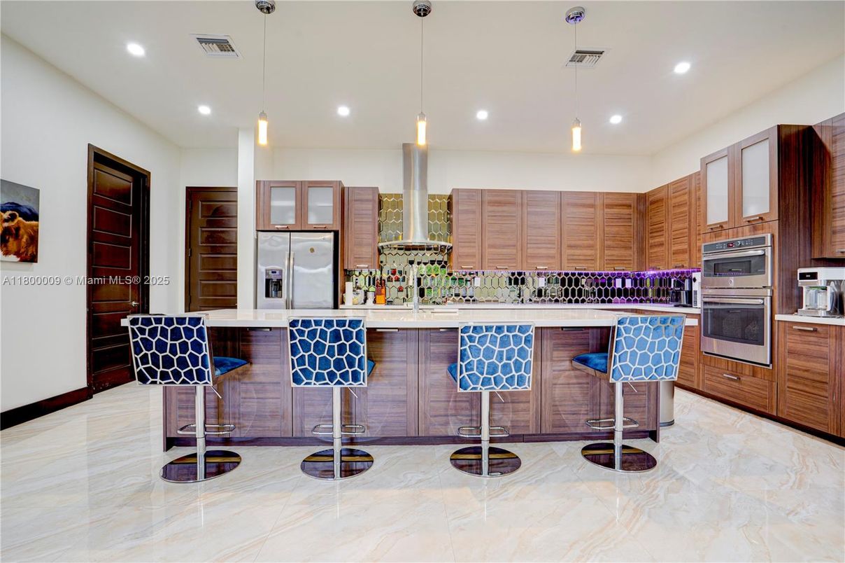 Interior, Kitchen, Marble, Pendant Lights, Recessed Lighting, Stainless Steel Appliances