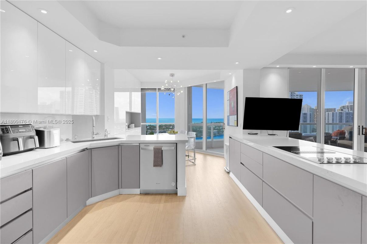 Interior, Kitchen, Pendant Lights, Recessed Lighting, Stainless Steel Appliances, Water, Wood Texture Flooring