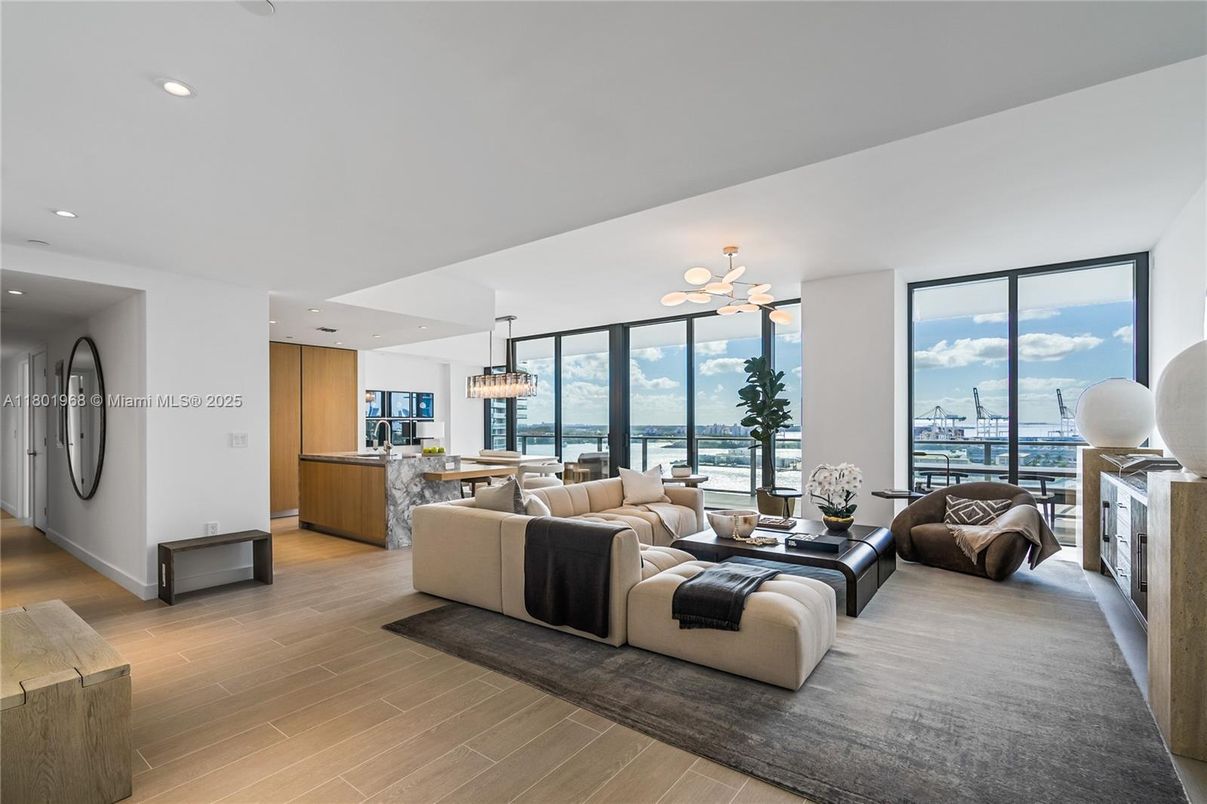 Chandelier, Dining room, Interior, Kitchen, Living room, Pendant Lights, Recessed Lighting, Water, Wood Texture Flooring
