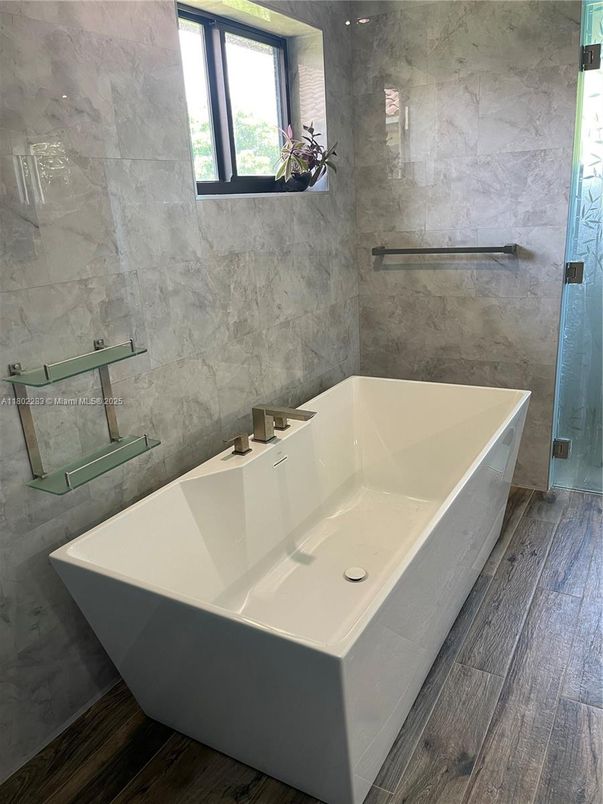 Bathroom, Free Standing Baths, Interior, Marble Walls, Wood Texture Flooring