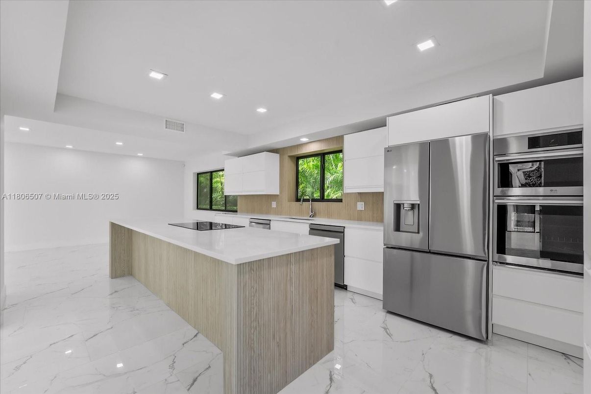 Interior, Kitchen, Marble, Recessed Lighting, Stainless Steel Appliances