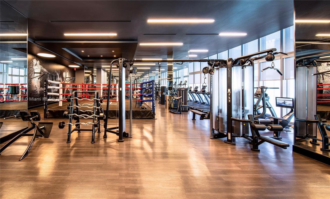 Fitness Equipment, Gym, Interior, Recessed Lighting, Wood Texture Flooring