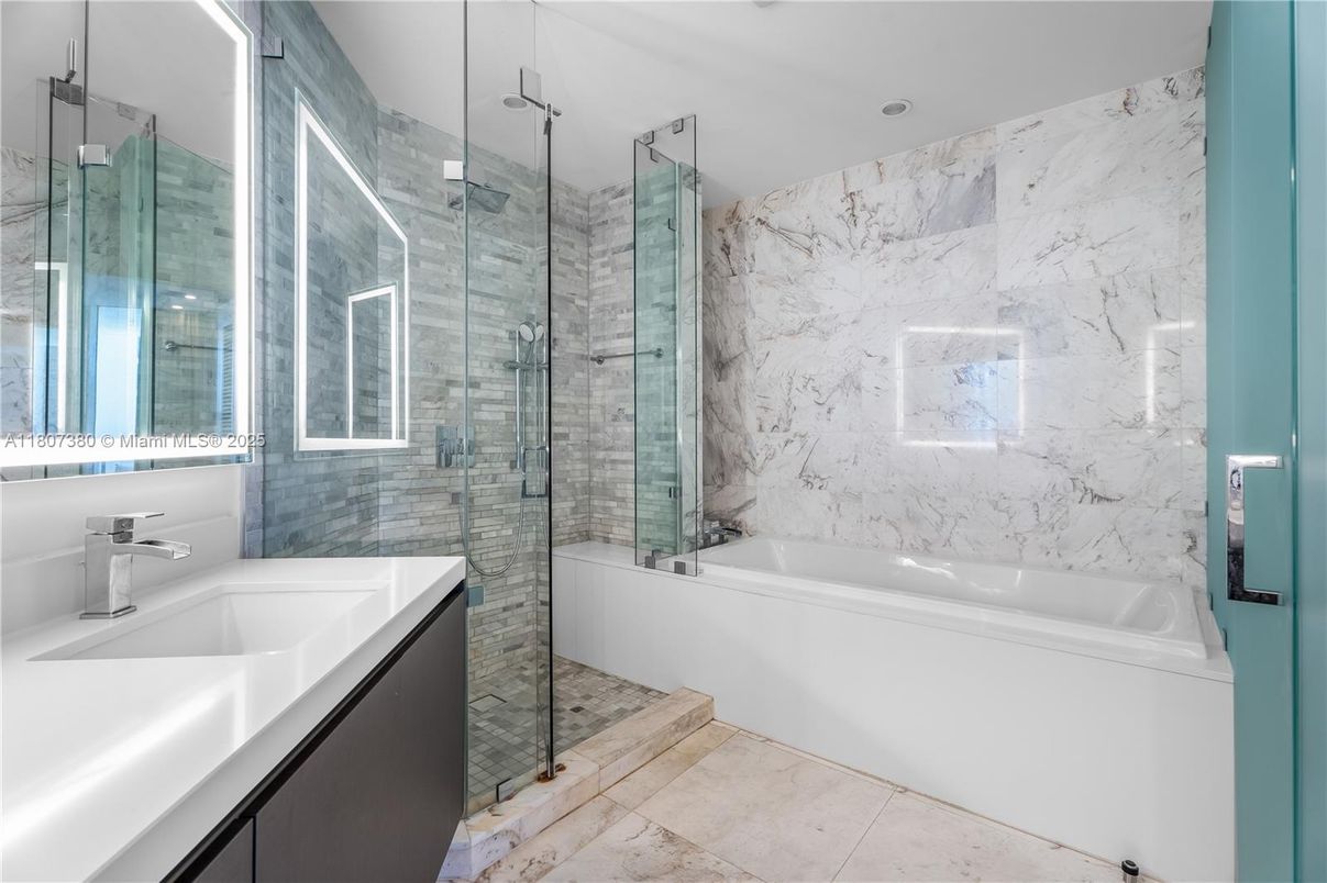 Bathroom, Glass Shower, Interior, Marble Walls, Recessed Lighting