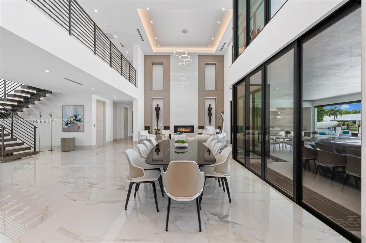 Dining room, Fireplace, Interior, Marble, Recessed Lighting