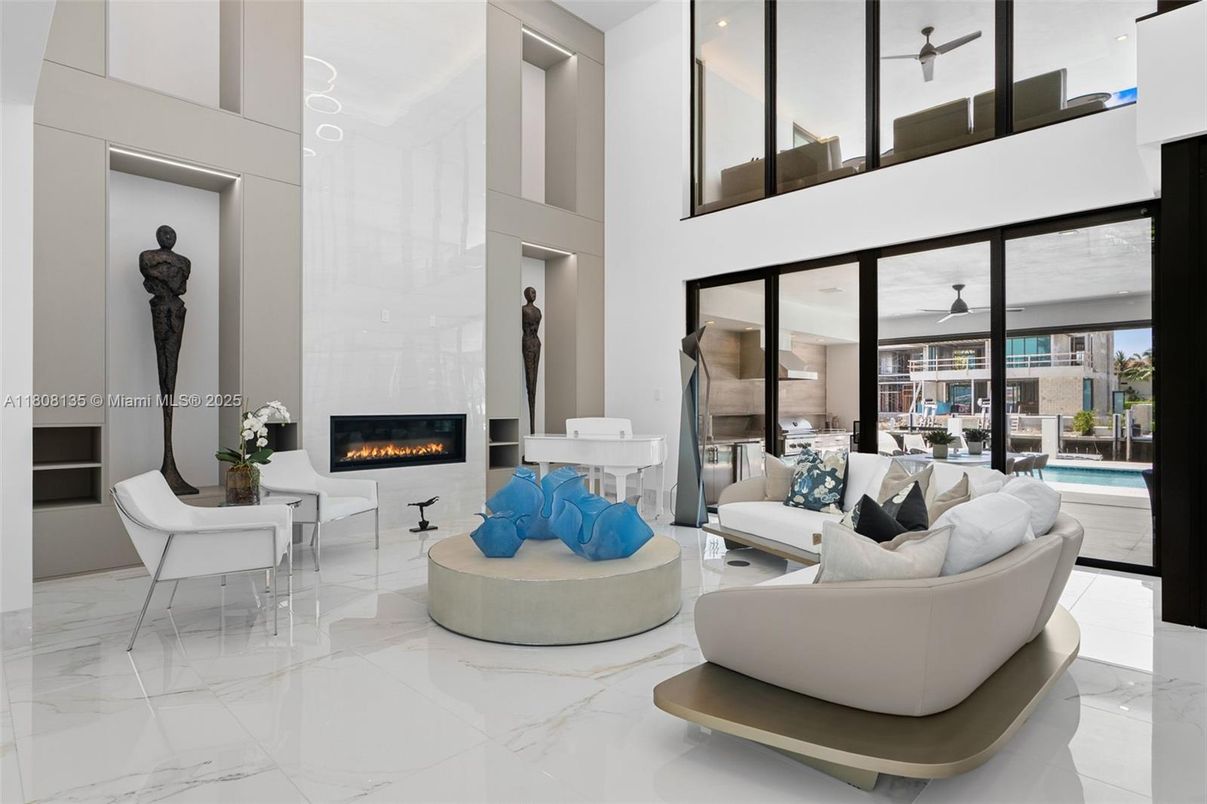 Fireplace, Interior, Living room, Marble, Recessed Lighting, Water