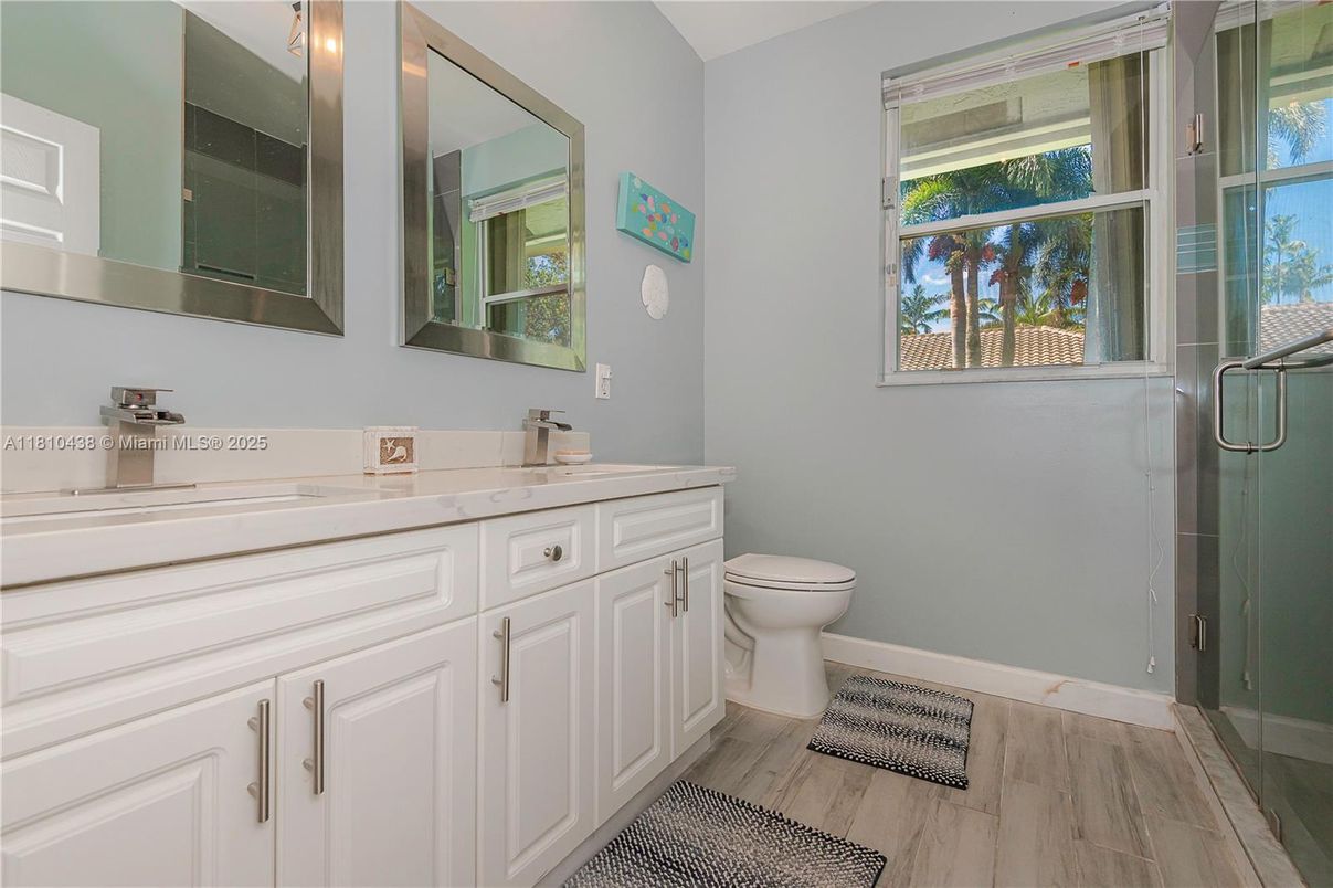 Bathroom, Glass Shower, Interior, Wood Texture Flooring