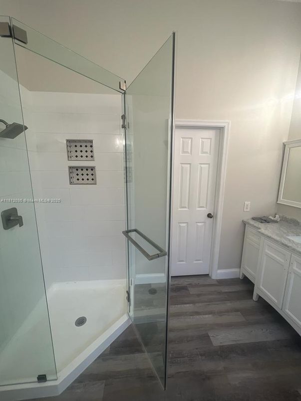 Bathroom, Glass Shower, Interior, Wood Texture Flooring