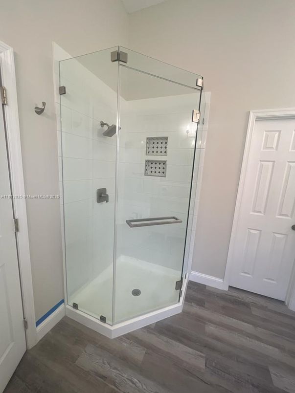 Bathroom, Glass Shower, Interior, Wood Texture Flooring