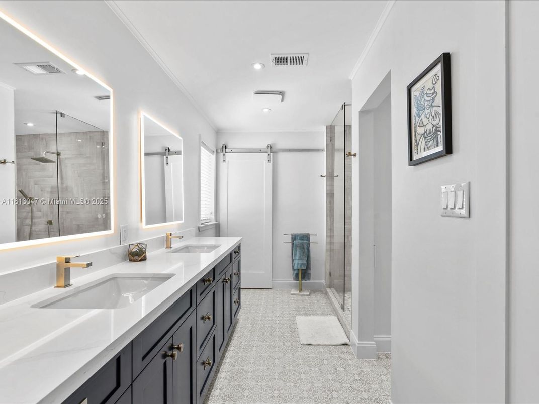 Bathroom, Dual Sink Vanities, Glass Shower, Interior, Recessed Lighting