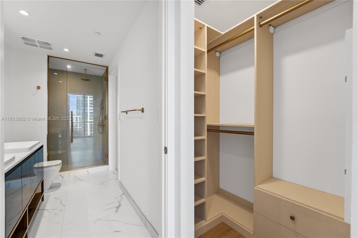 Bathroom, Glass Shower, Interior, Marble, Recessed Lighting, Walk-in Closets