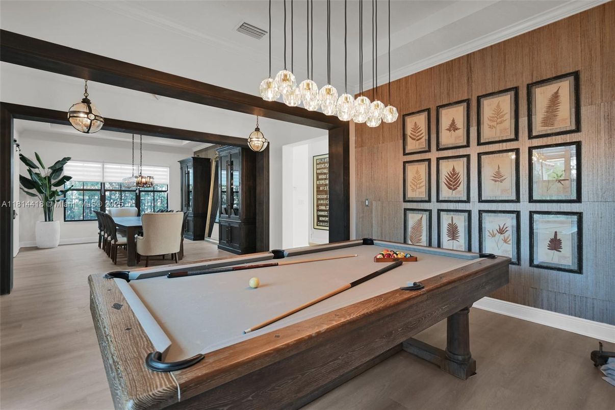 Billiard Table, Chandelier, Game Room, Interior, Pendant Lights, Wood Texture Flooring