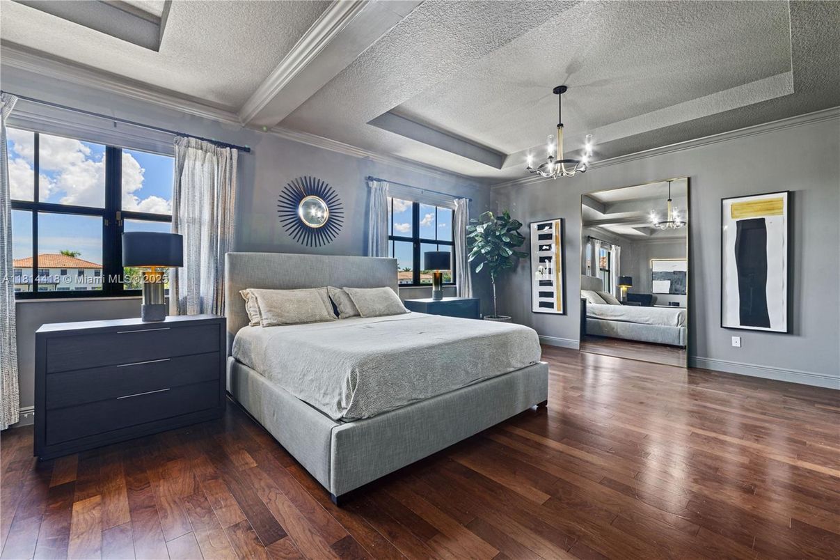 Bedroom, Chandelier, Interior, Wood Texture Flooring