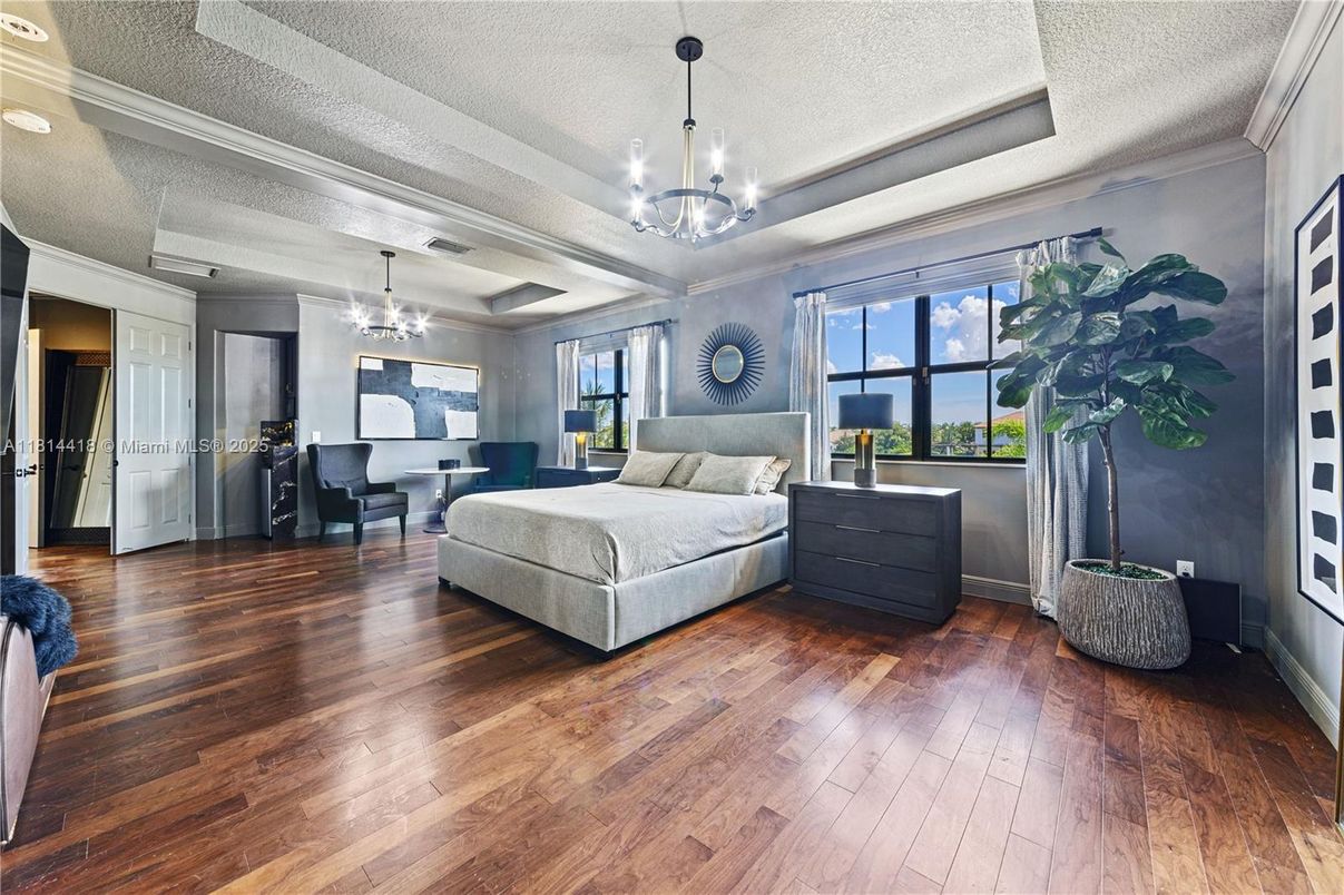 Bedroom, Chandelier, Interior, Wood Texture Flooring
