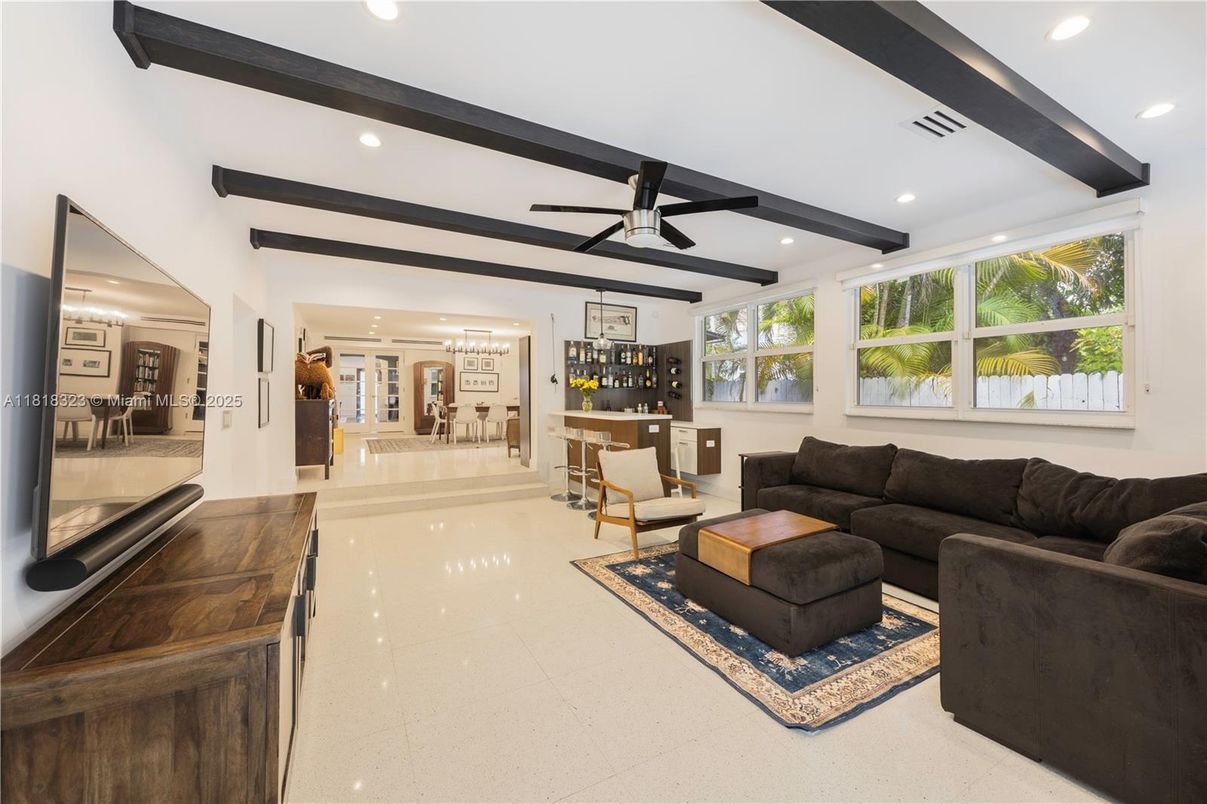 Interior, Living room, Recessed Lighting, Wooden Beams