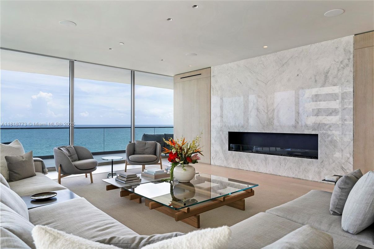Fireplace, Interior, Living room, Marble Walls, Recessed Lighting, Water