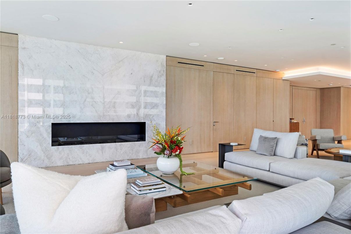 Fireplace, Interior, Living room, Marble Walls, Recessed Lighting